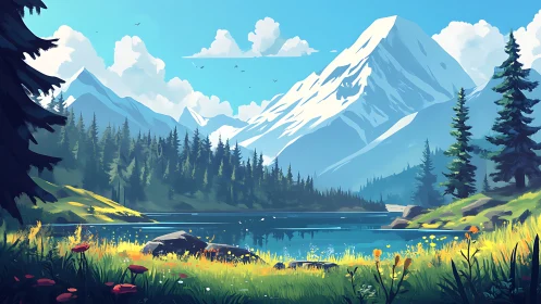 Sunny mountain lake hideaway with bright wildflower meadow.