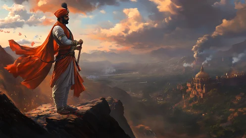 Maratha warrior overlooking fortified valley city at sunrise