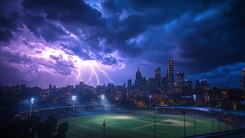 Lightning storm engulfs city skyline above night stadium.