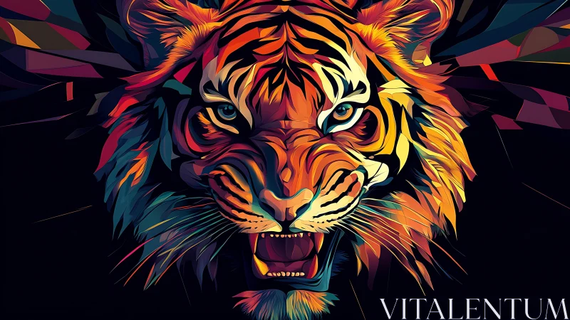 Vibrant geometric tiger head with intense forward stare.