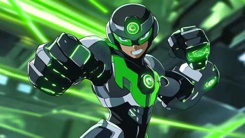 Armored space hero raises glowing fists in green-lit hangar