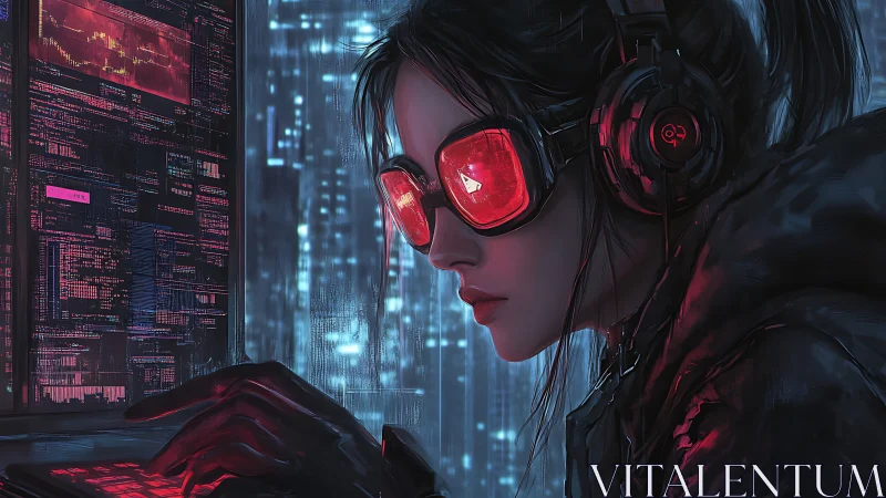 Cyberpunk netrunner with HUD goggles at holographic terminal