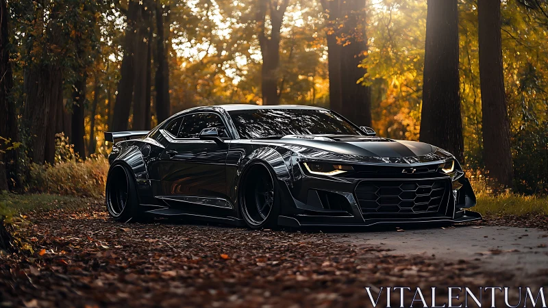 Widebody black muscle car on forest road in autumn light