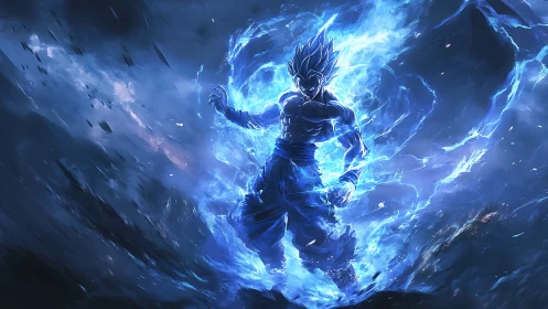 Electric blue warrior channels explosive cosmic aura power.