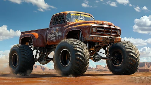 Rustic orange monster truck powers across desert plain
