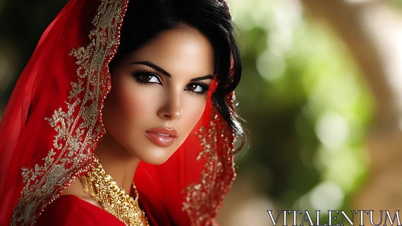 Bridal portrait in red veil rendered with photoreal detail