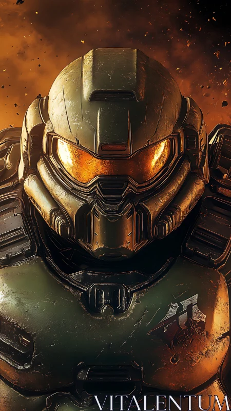 Armored sci-fi warrior stands against a burning battle sky