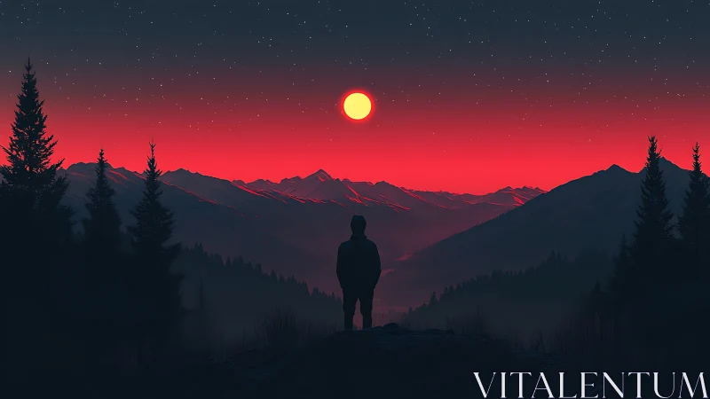 Lone stargazer drinks in a neon-red mountain dusk sky.