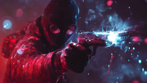 Masked figure discharging handgun amid red-blue lighting.