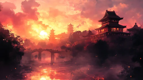 Sunset over riverside pagodas and arched stone bridge.