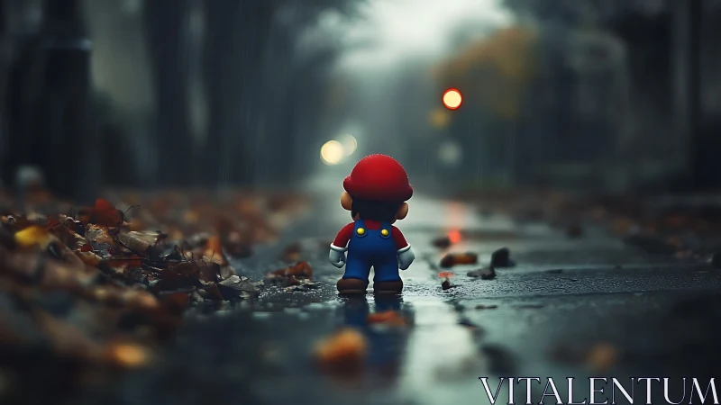 Mario style toy figurine stands on wet autumn street
