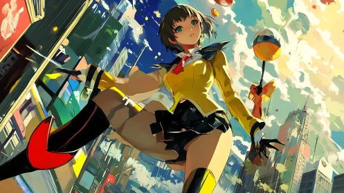 Anime girl in urban skyline with dynamic low perspective.