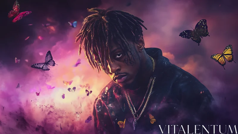 Moody portrait with neon butterflies in swirling violet haze