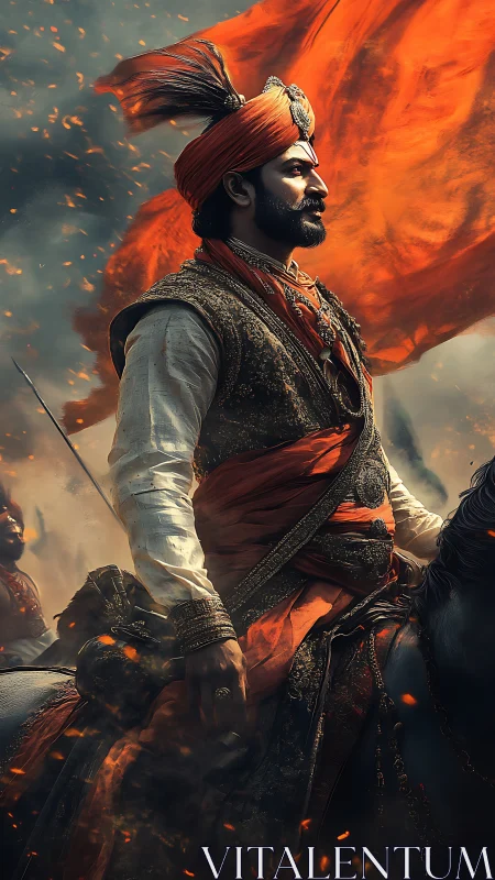 Digital painting of regal mounted warrior with flaming banner.