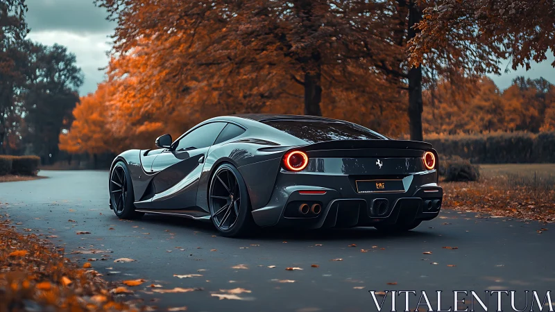 Sleek grey supercar glides through quiet autumn forest road