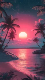 Neon dusk seascape renders tropical shoreline in vaporwave palette
