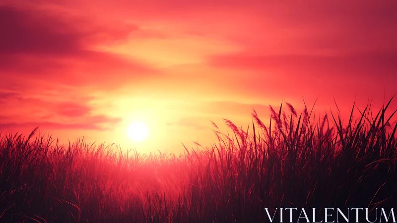 Sunset over dense grassland under vivid red sky.