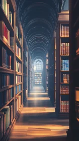 Sunlit vaulted library aisle with towering book-lined shelves.