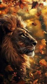 Majestic lion profile amid drifting autumn leaves.