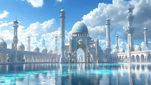 Grand white palace with blue domes beside reflective pool.