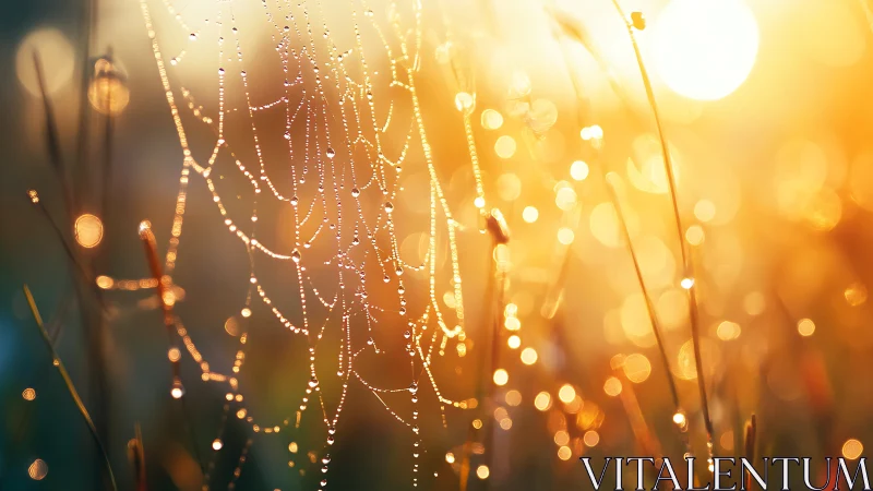 Macro cobweb strands with dew droplets under backlit sunrise bokeh