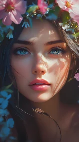 Digital portrait of blue-eyed woman framed by flowers.