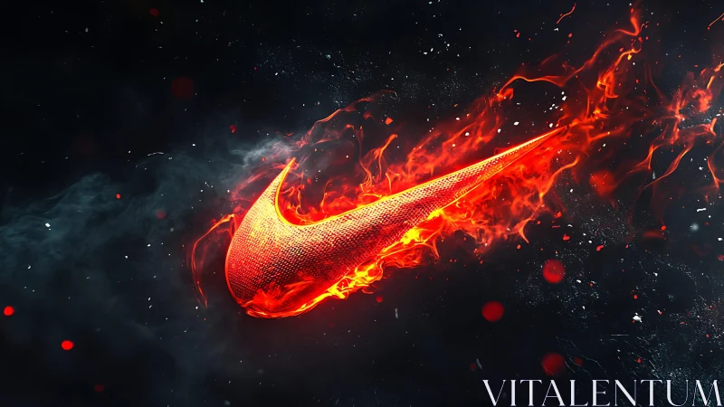 Nike Swoosh Symbol Engulfed in Flames Against Dark Background.