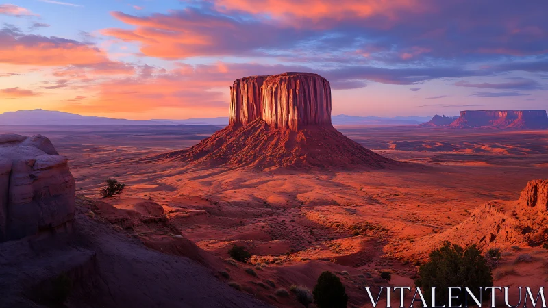 Sunset carves molten color across a towering desert butte