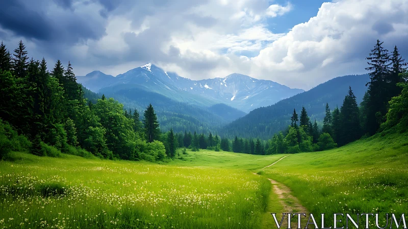 Sunlit meadow path leads toward dramatic alpine peaks