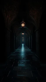 Lanterns whisper along an endless midnight stone arcade.