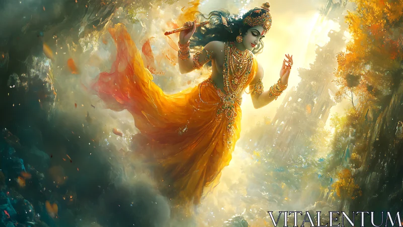 Mythic flute player in ornate attire amid luminous clouds.
