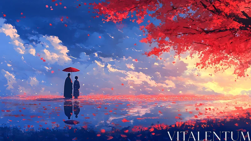 Two figures stand by reflective water under red tree canopy