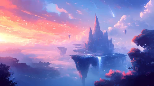 Floating Crystal Castle Sunset Over Sky Islands.