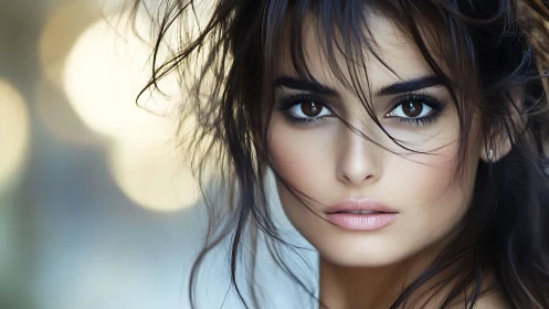 Photorealistic portrait with intense brown eyes and soft bokeh.