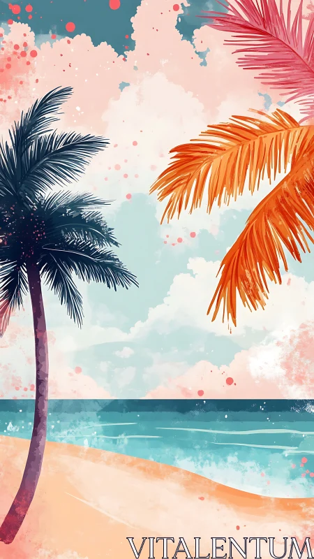 Tropical Beach Scene With Palm Trees and Watercolor Sky