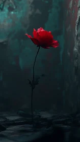 Single red flower stands in dark, blurred environment