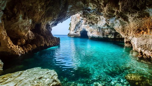 Karst sea cave basin with turquoise refractive water optics.