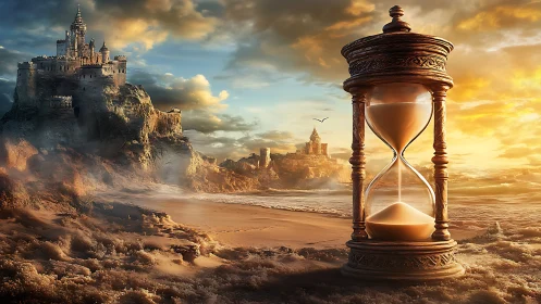 Ancient coastal castle and ornate hourglass visualize epic time