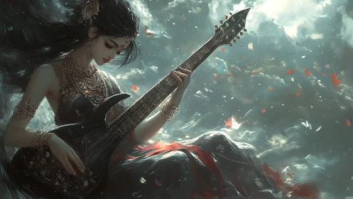 Guitar goddess in swirling petals and stormlit dreamscape.