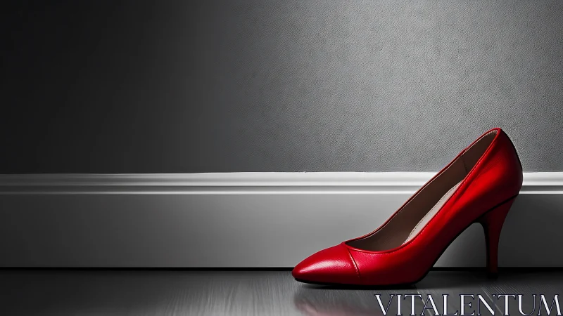 Elegant red high heel shoe against minimalist gray wall background.