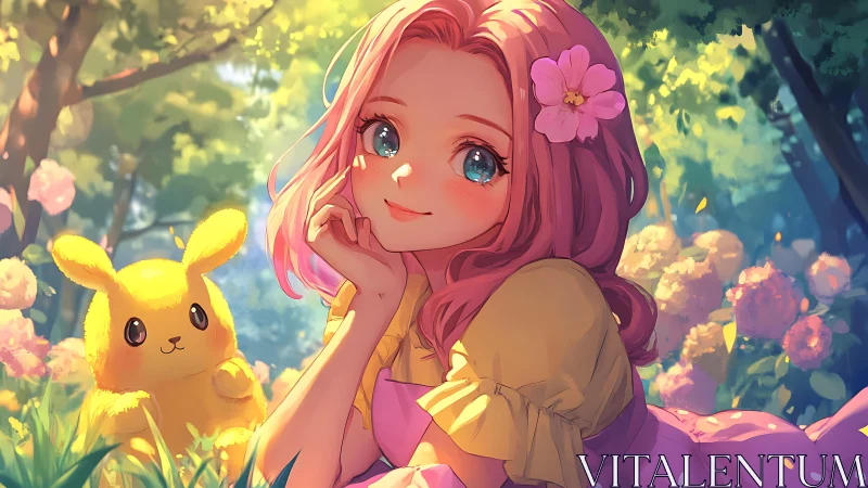 Dreamy pink haired girl relaxes in a glowing floral garden