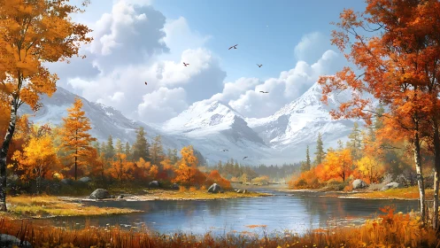 Autumn alpine valley with reflective lake and snowy peaks.