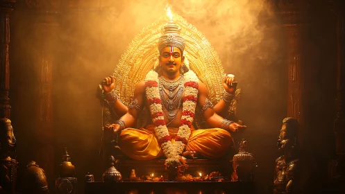 Hindu deity statue seated on ornate throne in warm light.