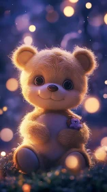 Softly glowing teddy duo share secrets in a twilight meadow