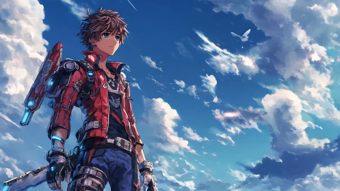 Skybound cyber adventurer under cathedral clouds of possibility.