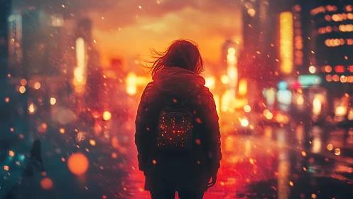 Backlit dreamer wandering through ember-soaked city dusk.