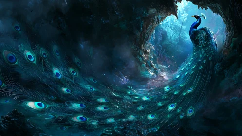 Cavern king peacock unfurls a tide of luminous feathers.