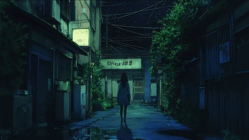 Solitary girl in dim neon alley under tangled night sky.