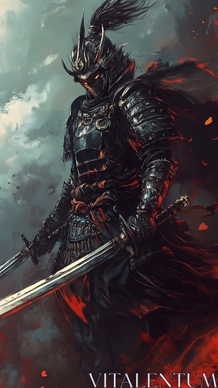 Dark armored samurai warrior with twin blades in firestorm.