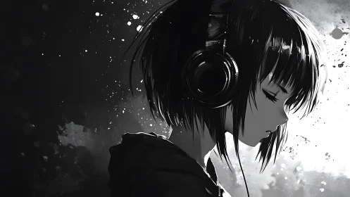 Monochrome profile view shows girl in headphones listening
